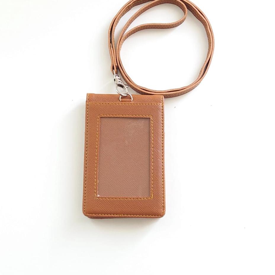 

Terjangkau - Lanyard ID Card Holder Name Tag Kulit Dua Sisi Bolak Balik Mika Kancing Ter