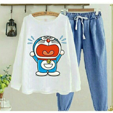 [st Doraemon smile biru RO] Setelan Wanita Spandex Biru