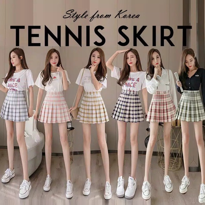 rok mini flare tenis skirt wanita pendek korea import jepang kotak