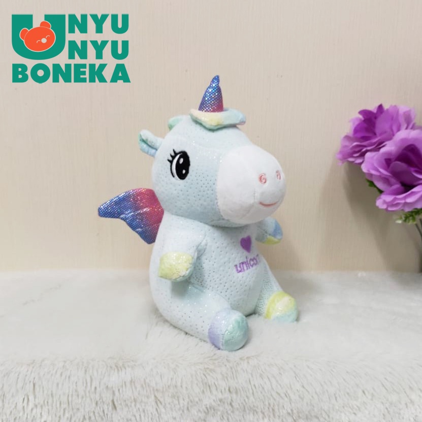 Boneka Sitting Unicorn Gliter Sayap Hati Size 22cm/35cm/kudaterbang