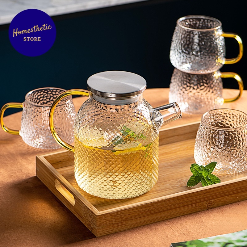 Set Teko Kaca Chinese Teapot Glass 1.6L with 4 Cups 1 Teko 4 Cangkir Cantik Unik Untuk Minuman Sirup
