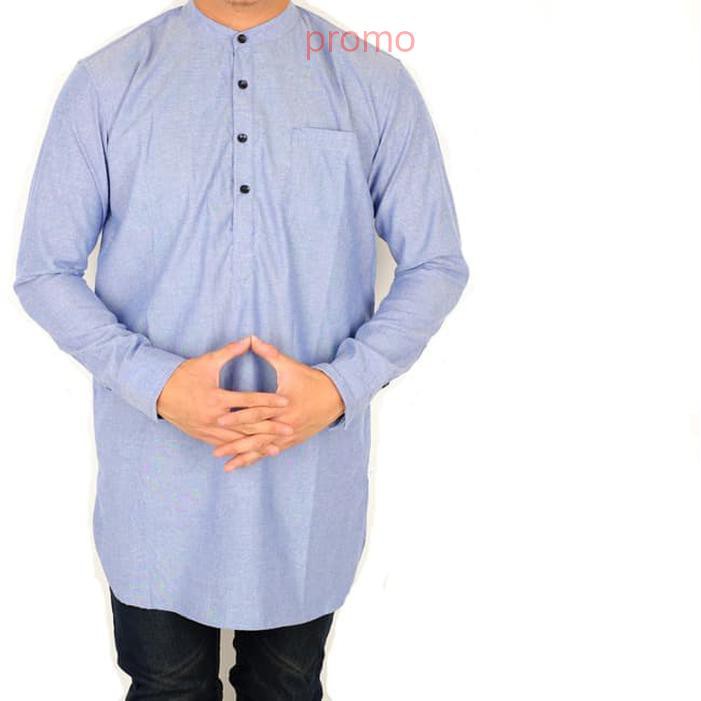 kemeja pria muslim lengan panjang koko / baju koko panjang slimfit - Biru Muda- M