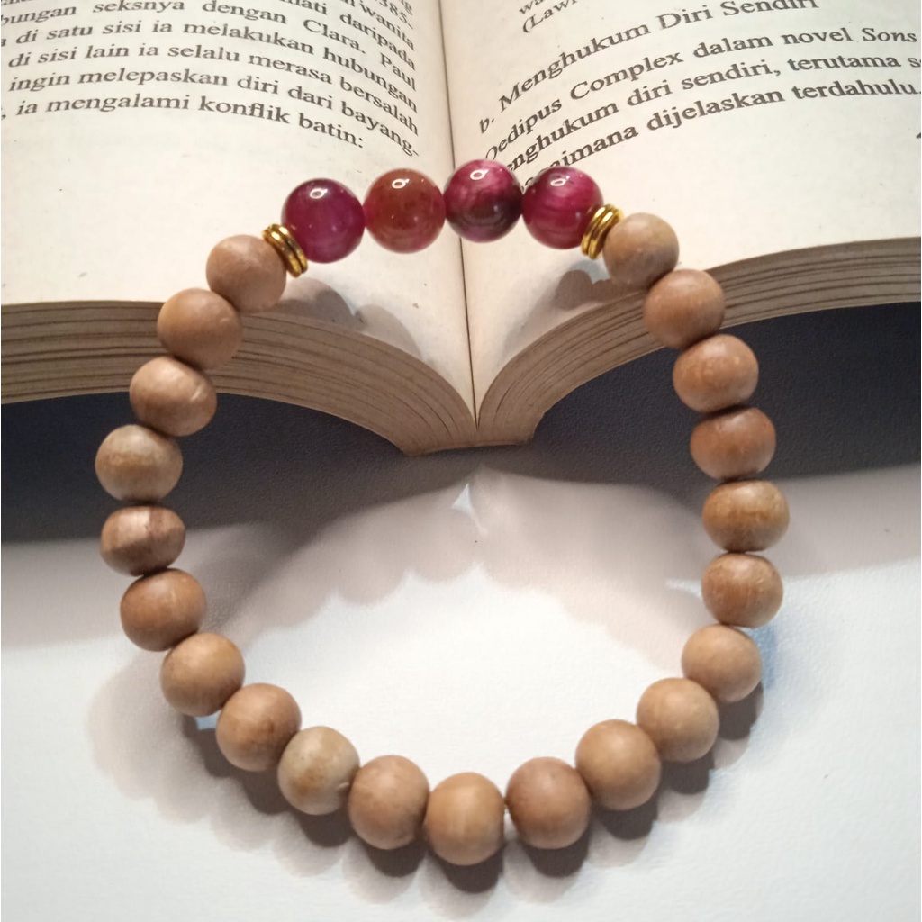 Gelang Batu Original Handmade Kayu Cendana Kombinasi Batu Alam Pink Tiger Eye