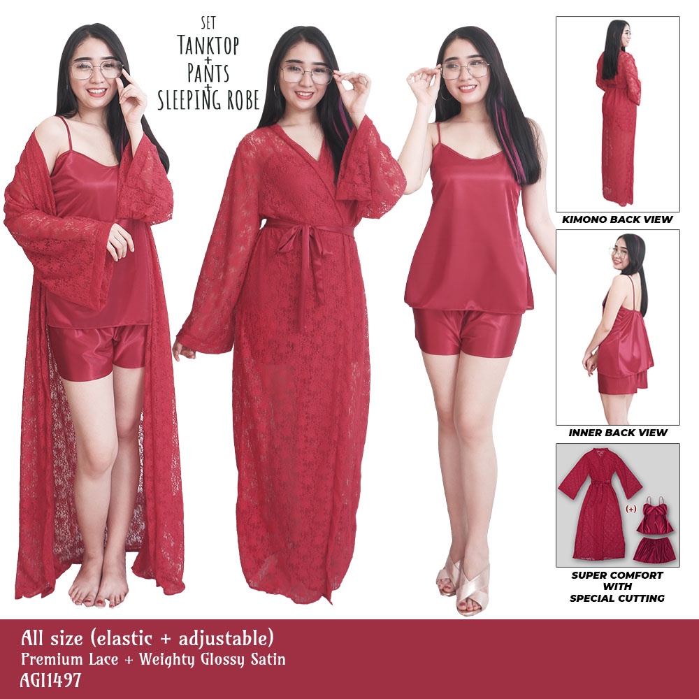 FOLVA kimono tidur set tanktop celana satin 1497MSET maron all size