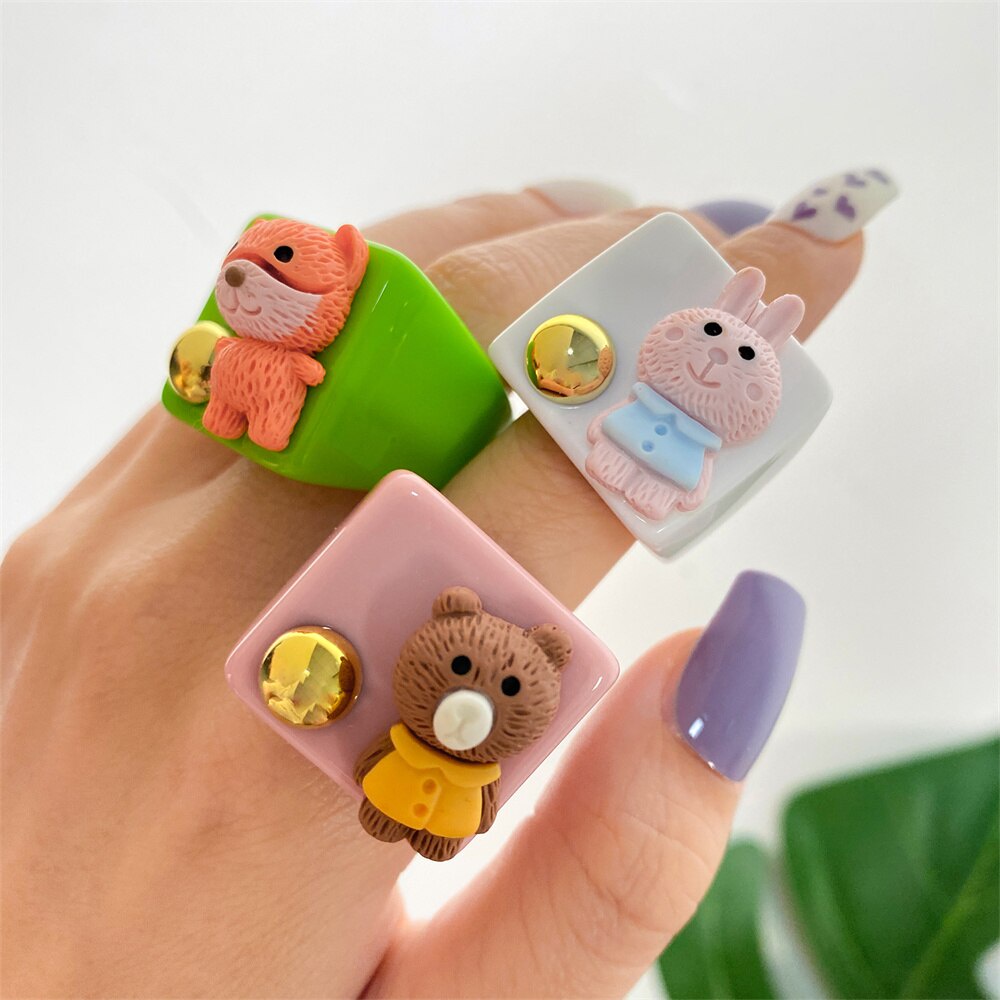 Fashion Colorful Cartoon Animal Acrylic Square Ring for Women Korean Resin Bear Dog Rabbit Wide Ring Trend Jewelry