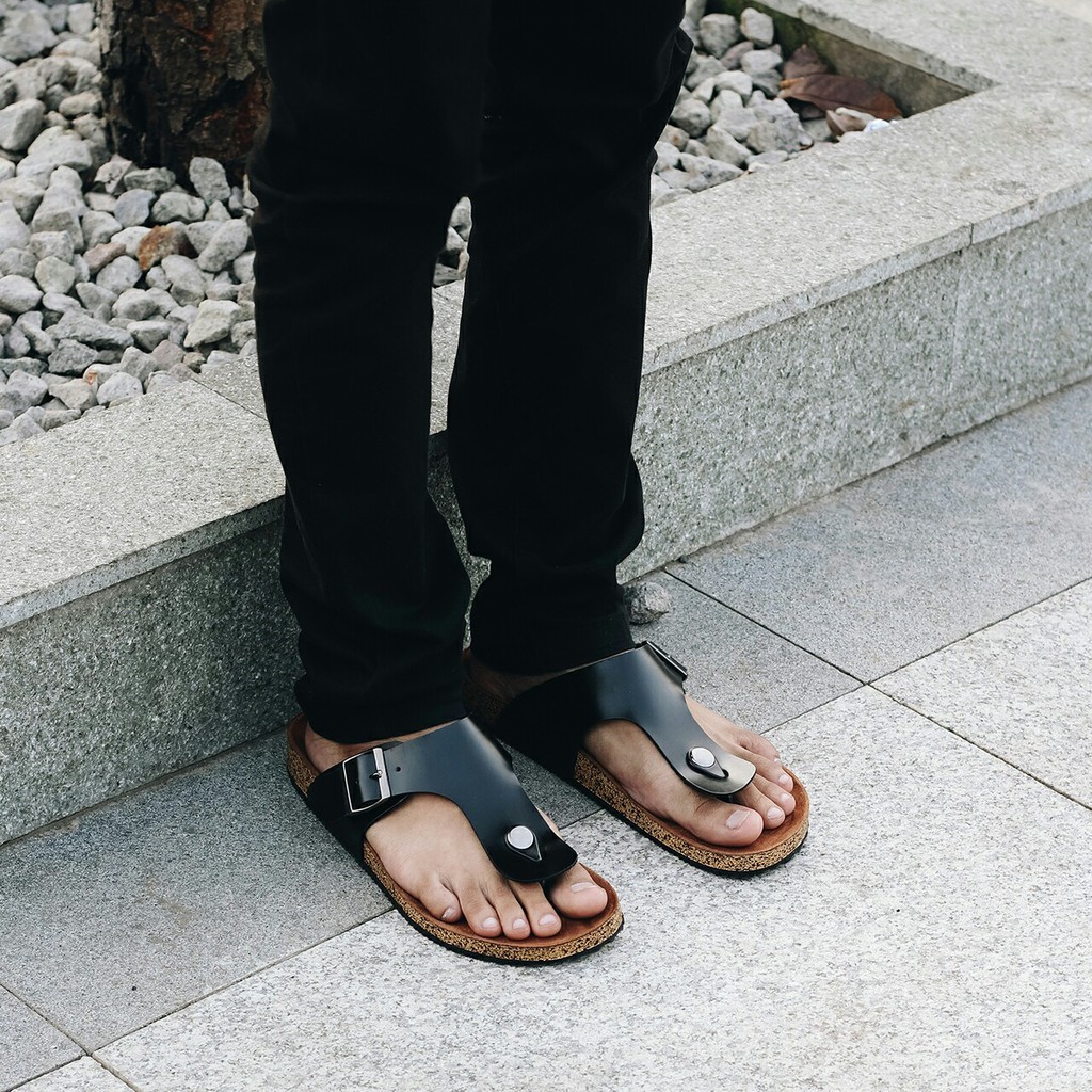 ZAYN BLACK |FORIND x Zensa| Sendal Jepit Tali Kulit Simpel Kayu Pria/Cowok/Men - Sandal Footwear