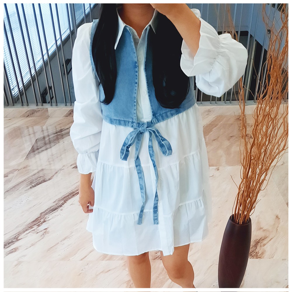 Dress Wanita Dress Polos Lengan Panjang Kombinasi Rompi Jeans - Jevtara Dress