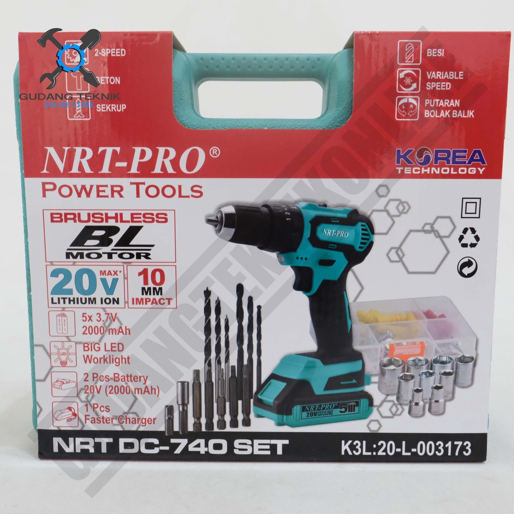 NRT 740DC Set BRUSHLESS Cordless Drill Mesin Bor Baterai Impact Drill 20V DC-740 Bor Tembok Beton 10mm NRT DC 740