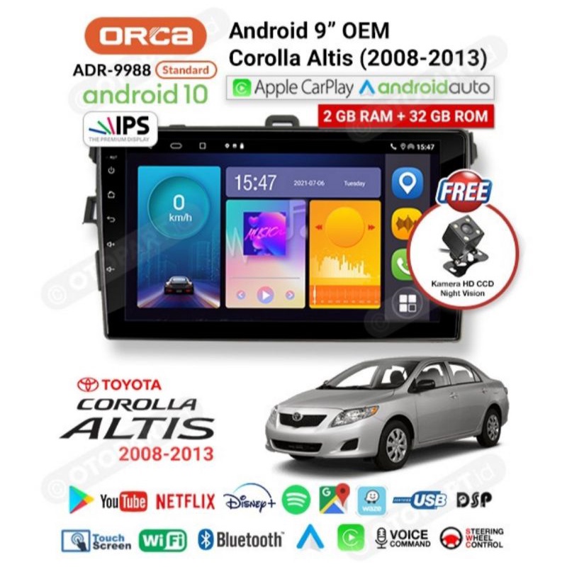 HEAD UNIT ALTIS ANDROID ORCA ADR 9988 STANDARD SERIES APPLE CAR PLAY TOYOTA ALTIS