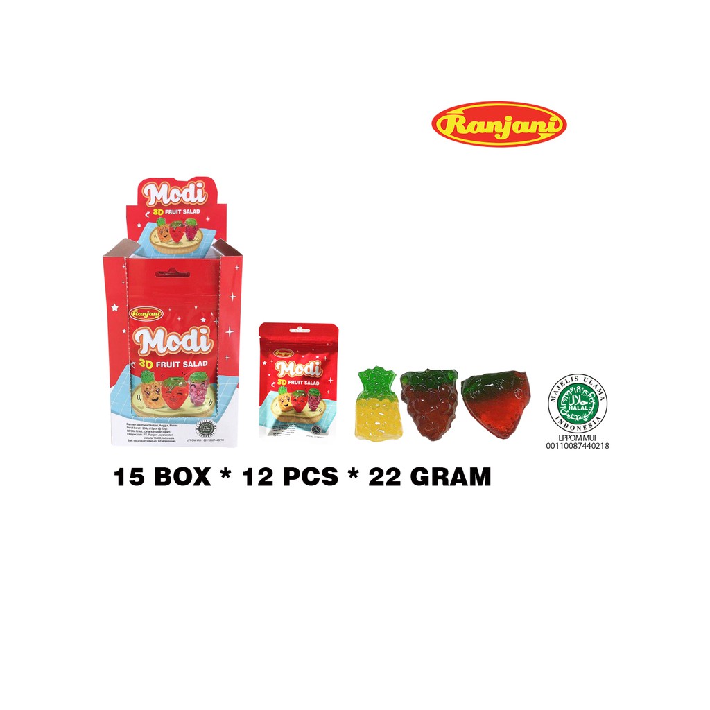 

PERMEN GUMMY MODI 3 FRUIT SALAD 1 BOX * 12 BGKS * 22 GRAM
