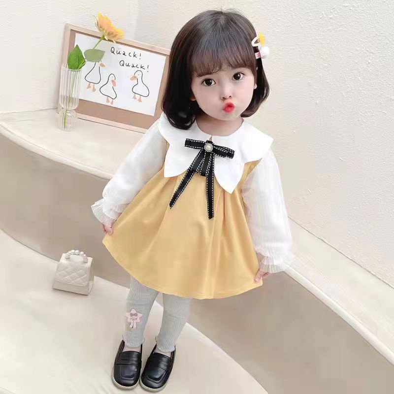 KF CAT Setelan anak perempuan import/ Set anak cewek baju kerah pita + celana legging korea casual style untuk 1 -5 tahun-Kuning