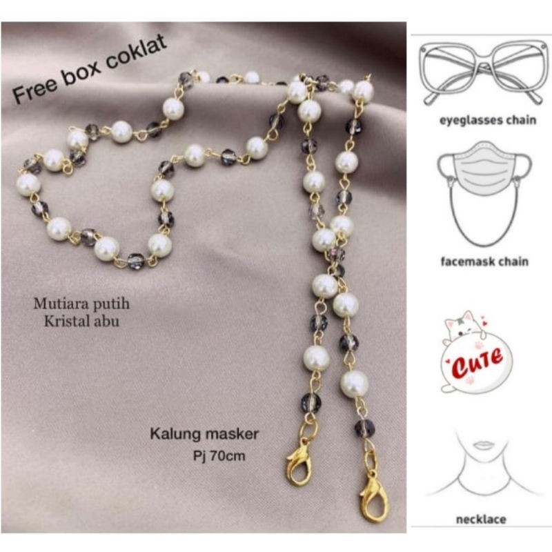 Kalung masker Fashion import free box coklat Strap masker Premium Mutiara Pearl Km04