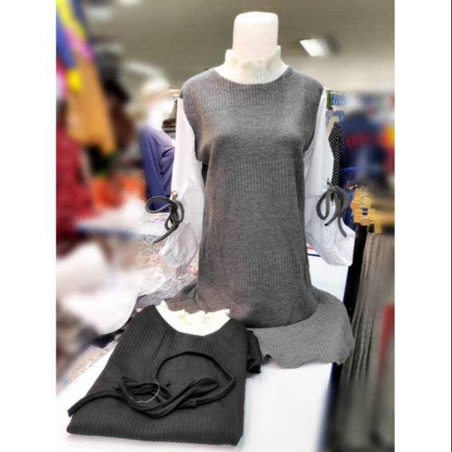 Tunik rajut import kombinasi katun kera shanghai tangan balon