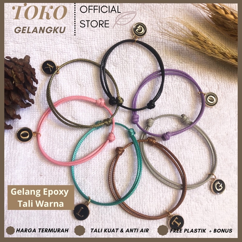 (TALI WARNA) Gelang Epoxy Hitam Tali Warna / Gelang Huruf inisial pria Wanita tali waterproof