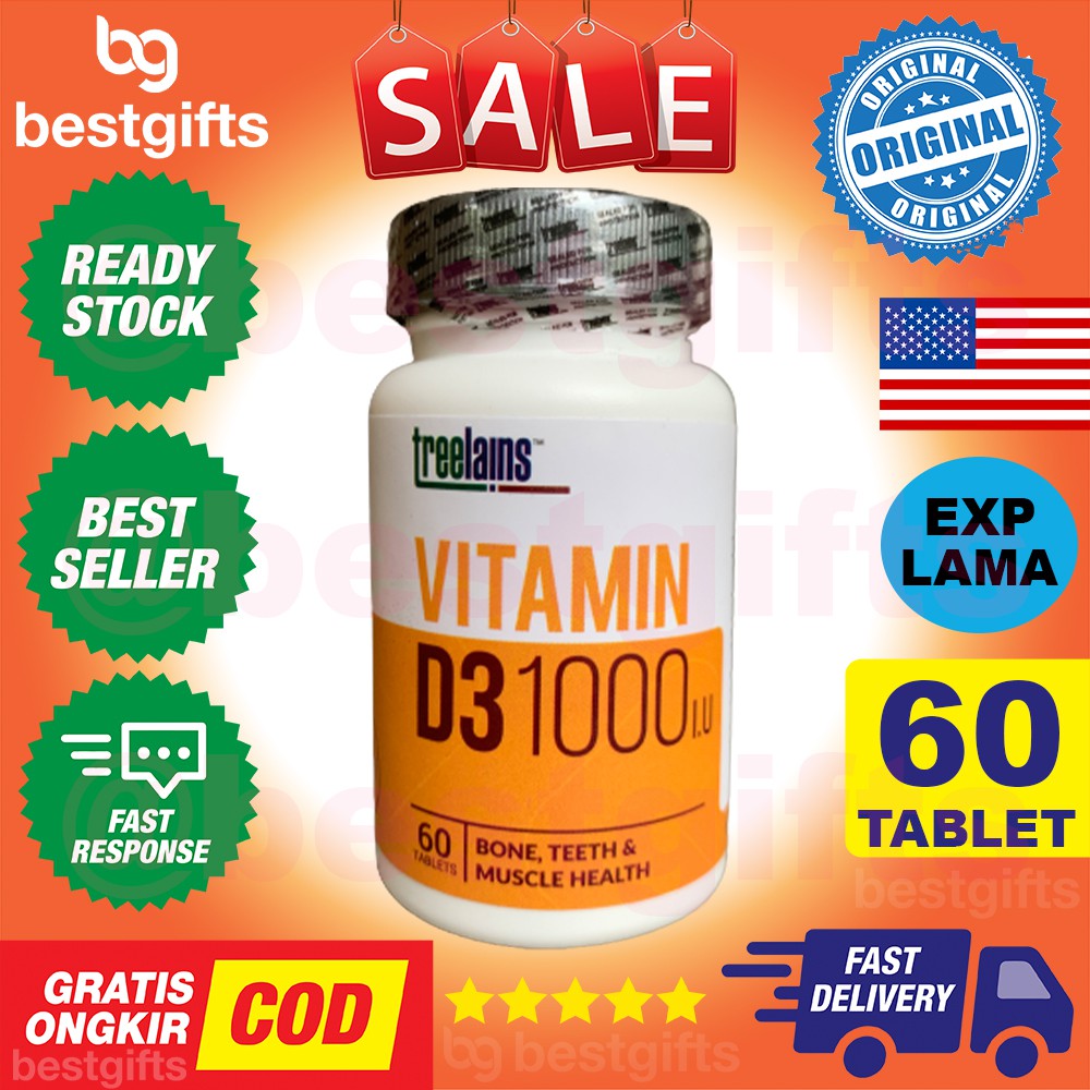 TREELAINS VITAMIN D3 1000 IU VIT D 1000IU ANTIOKSIDAN IMUN TUBUH TULANG OSTEOPOROSIS GIGI 60 TABLET