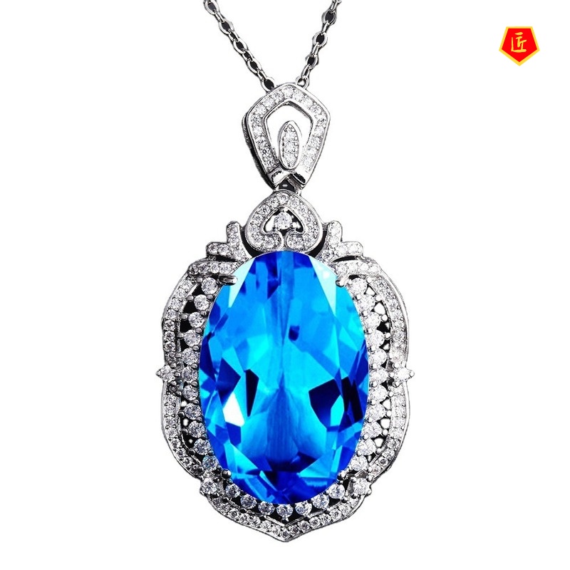 [Ready Stock]Inlaid Gem Pendant Blue Zircon Necklace Female Fashion Elegant