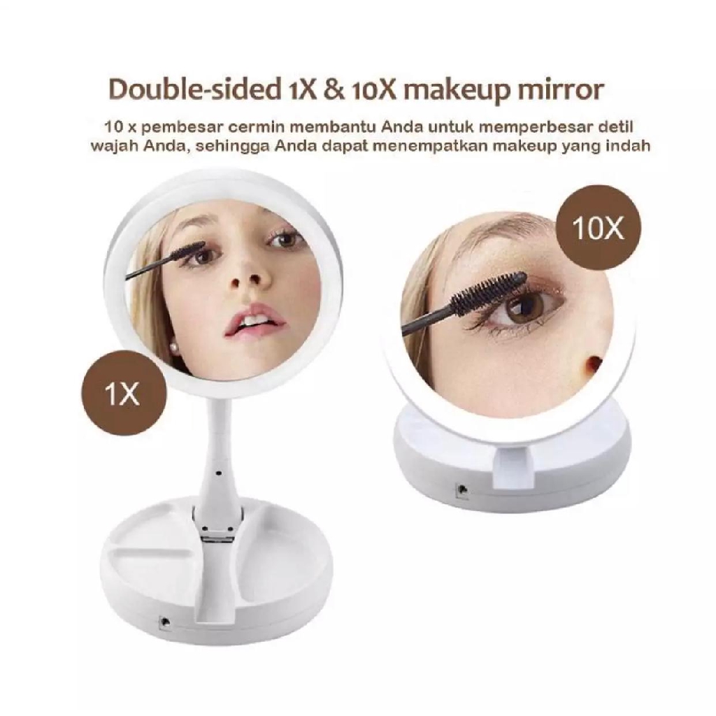 Lampu Makeup Cermin Lipat Vanity Mirror Rias Dua Sisi Kosmetik Kotak Mirror LED 10X Lipat Foldable