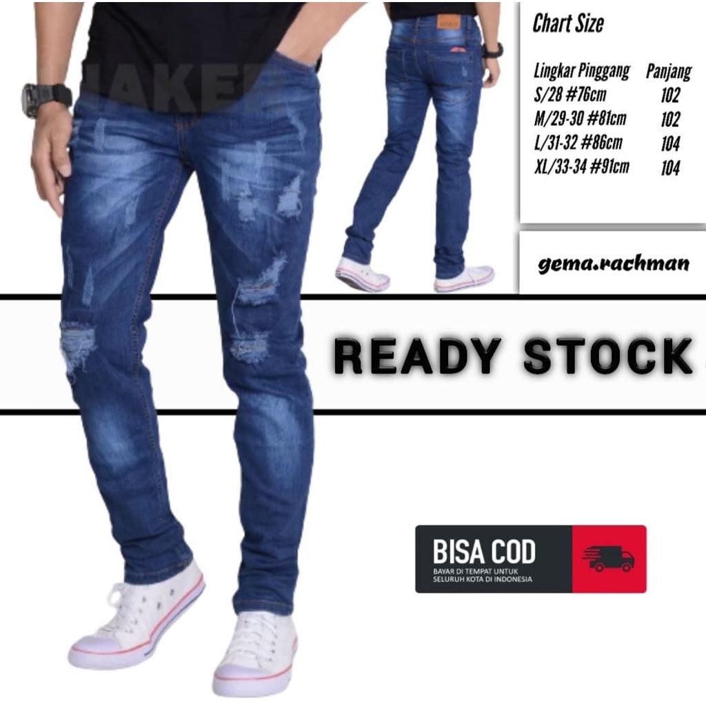 Celana Jeans Pria Sobek Panjang Cakar Ripper Lutut Bolong Denim Distro Levis Cowo Cowok Big Size M L XL XXL