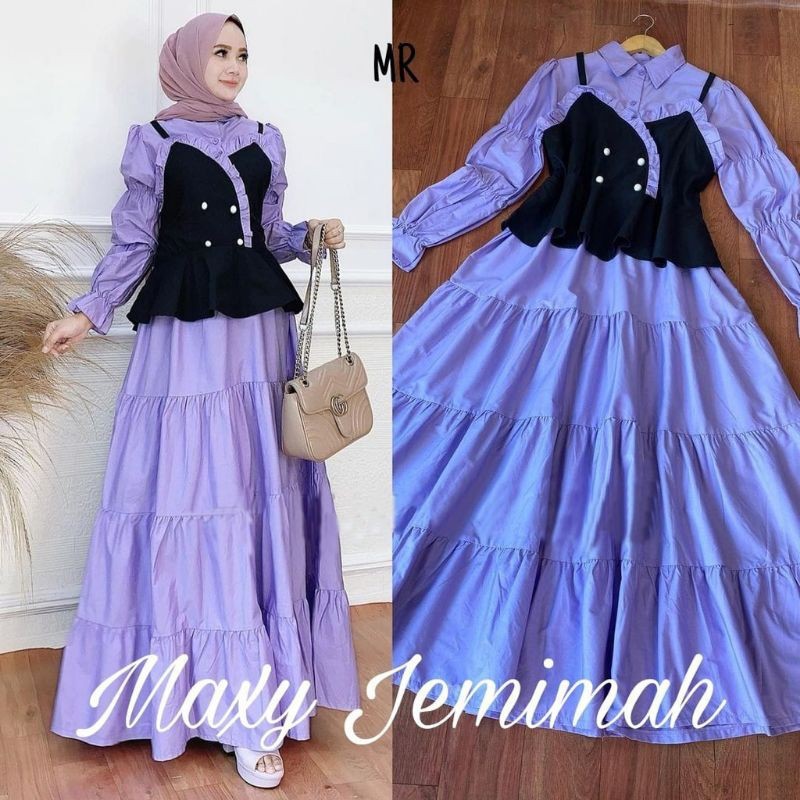 Baju Gamis wanita Terbaru Kekinian 2021 Rompi Lengan Terompet  Balon Lilac  ld 102 bhn moscrepe