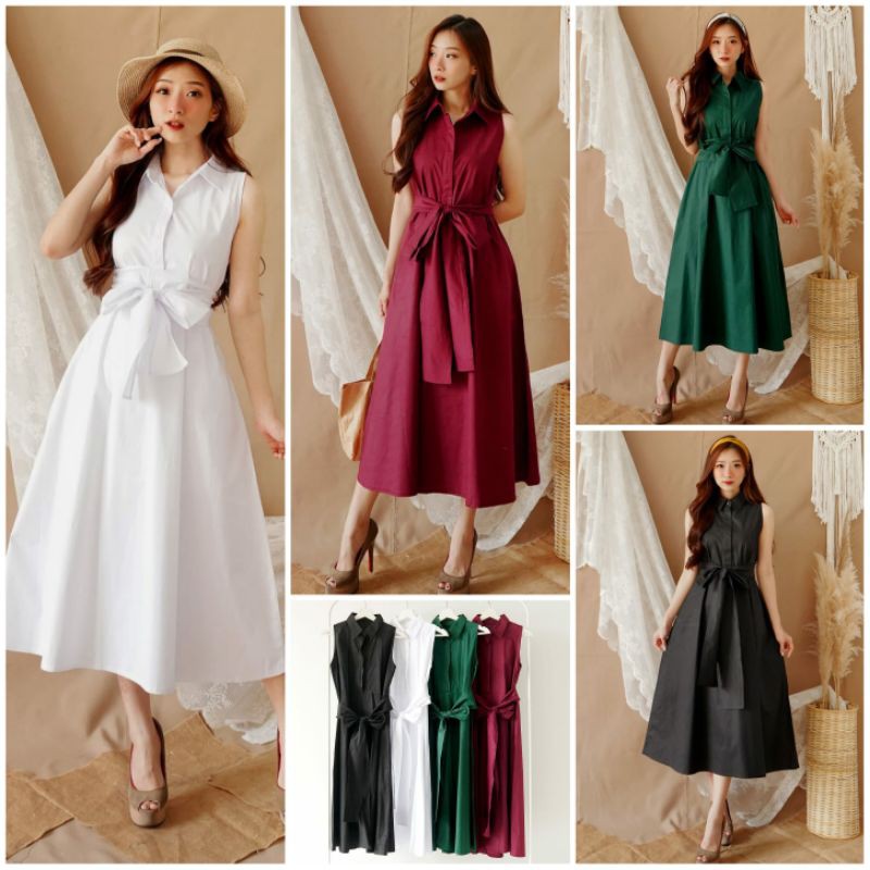 ❣️ SPECIAL PRICE ♡ PREMIUM ♡ ORIGINAL ! MARLENE VINTAGE PLAIN LESS SLEEVE BUTTON MIDI DRESS WITH OBI BELT  ( BUSUI FRIENDLY )