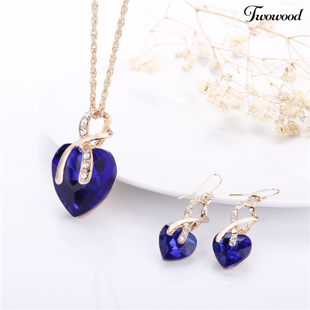 1 Set Kalung Anting Liontin Hati Kristal Tiruan Tahan Lama Untuk Perhiasan Pernikahan Wanita