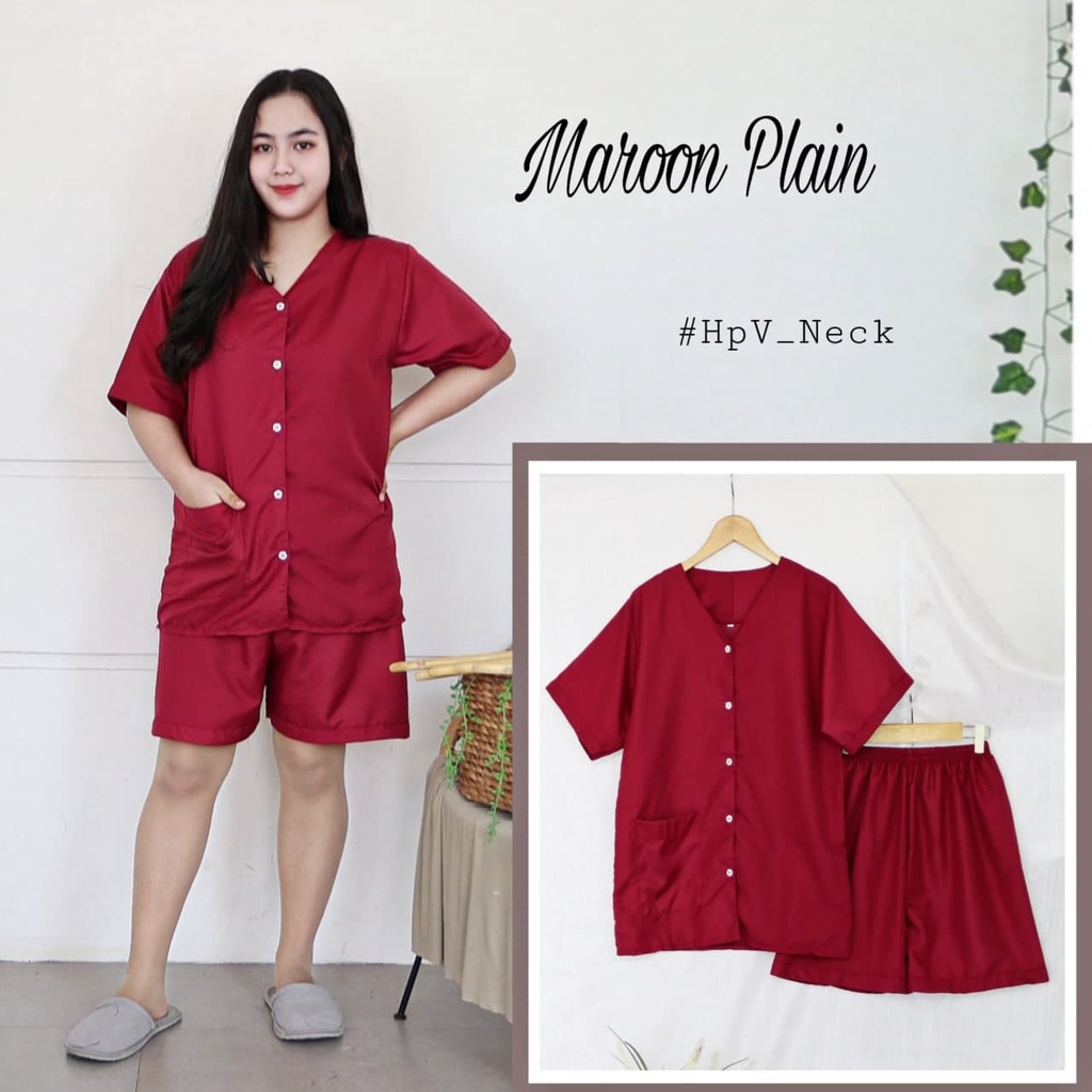 IZANY Piyama Dewasa Hotpant V Neck all size  / HP Celana Pendek  PLAIN Polos-MAROON PLAIN