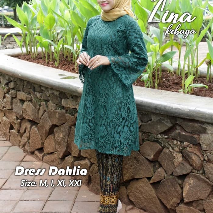 Setelan Kebaya Brukat Kurung Dahlia Hijau Botol Mix Plisket / Kebaya Tunik Brukat