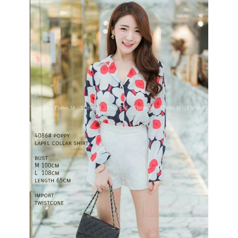 4086 Baju atasan kemeja blouse LAPEL COLLAR wanita motif bunga flower floral Korea Korean style impo