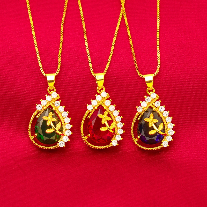 Set Perhiasan Liontin Bunga Drop Zircon Ruby Emerald 24K Lapis Emas Untuk Aksesoris Wanita Sapphire