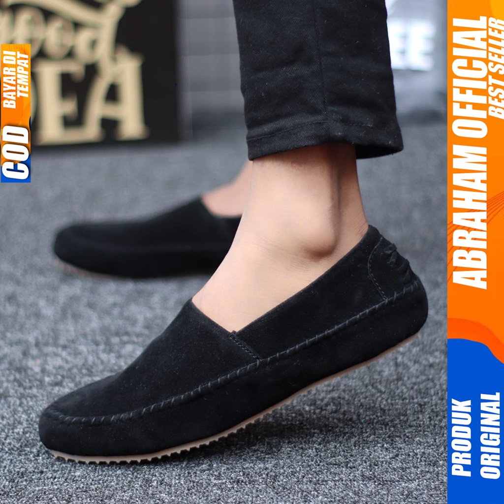 Sepatu Slip On Santai Casual Slop Antislip Hitam Kerja Pria Abraham Siena