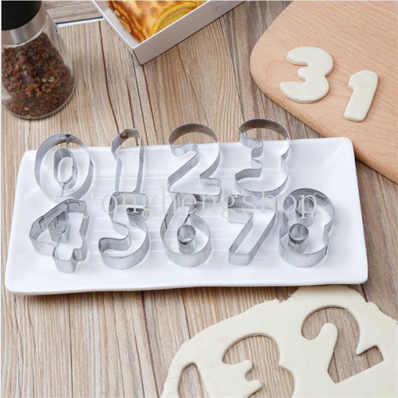 9 Pcs / set Cetakan Kue / Biskuit / Buah Bentuk Angka 3D Bahan Stainless Steel Untuk Dekorasi