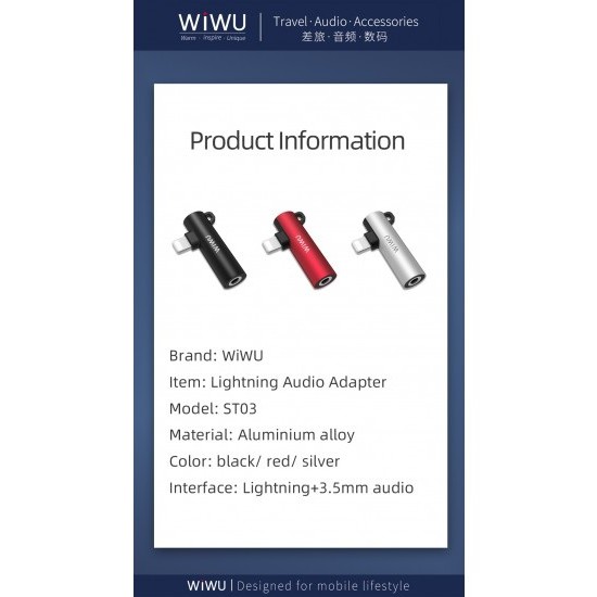 WIWU ST03 - Lightning Port Adapter to Audio 3.5mm and Lightning Plug - Konektor Audio untuk Smartphone dengan port Lightning