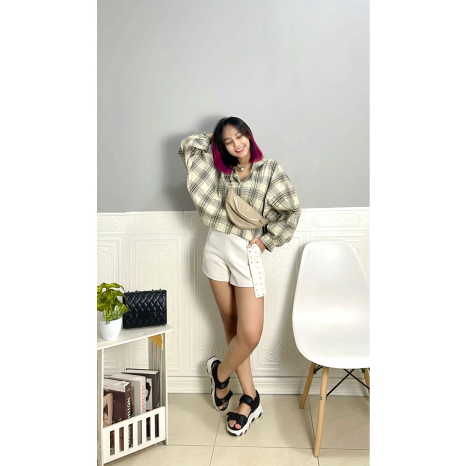 BEFAST - ZSO OOTD Kemeja Crop DIVIAN / JENNIE BATWING TARTAN OVERSIZE / Kemeja Tartan Wanita / Fashion Wanita Ala Korean style / Kemeja Crop Kekinian Wanita / Atasan Lengan Panjang Balon / Kem Motif Kotak-Kotak / Keluaran Terbaru 2022 / Outfit Remaja ABG