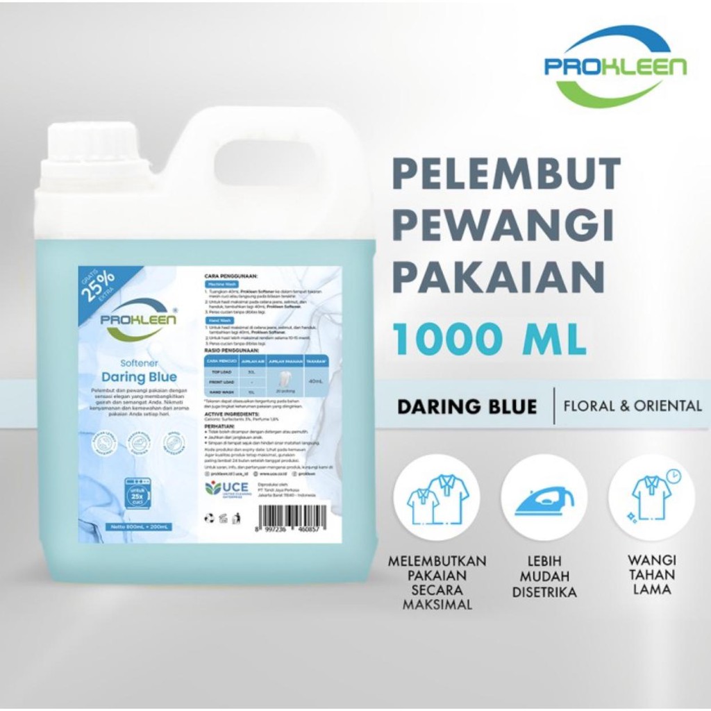 PROKLEEN Softener Pelembut Pewangi Pakaian 1 Liter &amp; 800 ML REFILL KONSENTRAT