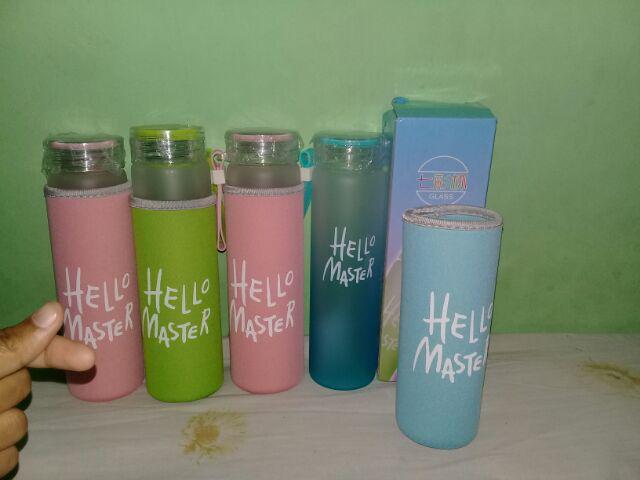 Hello Master + Pouch Warna 450ml Botol Minum Kaca / Botol Air / Water Glass Bottle