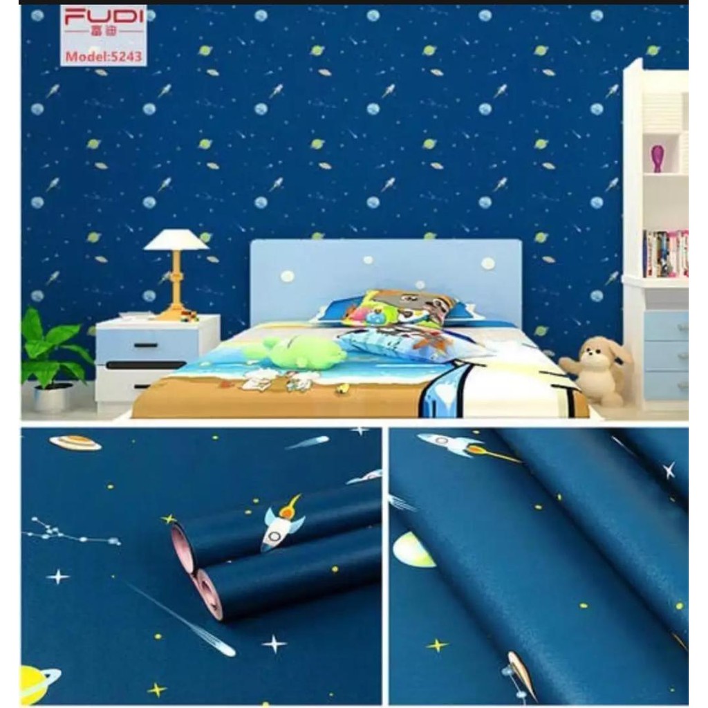 Wallpaper Dinding Kamar Tidur Plafon Motif PLANET Biru Walpaper Sticker Murah Dekorasi Rumah Alhakim