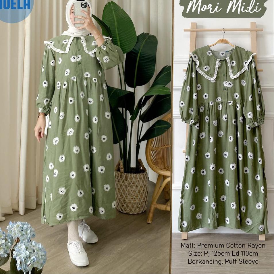 Terbaik.. ✨HM✨ gamis wanita midi ld 110 mori berkancing mat katun rayon premium ori moela