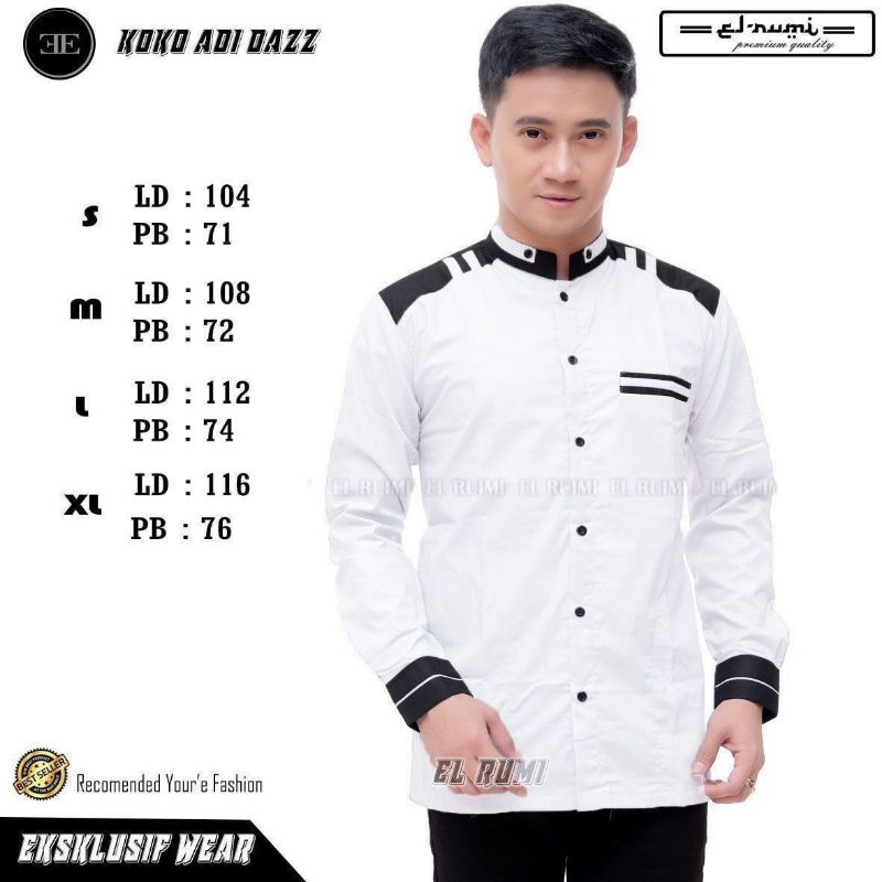 BAJU KOKO PRIA LENGAN PANJANG BAJU KOKO DEWASA PUTIH POLOS KOMBINASI BAJU MUSLIM HADROH TAQWA ELRUMI EL RUMI TOYOBO PREMIUM TERBARU-Adidaz