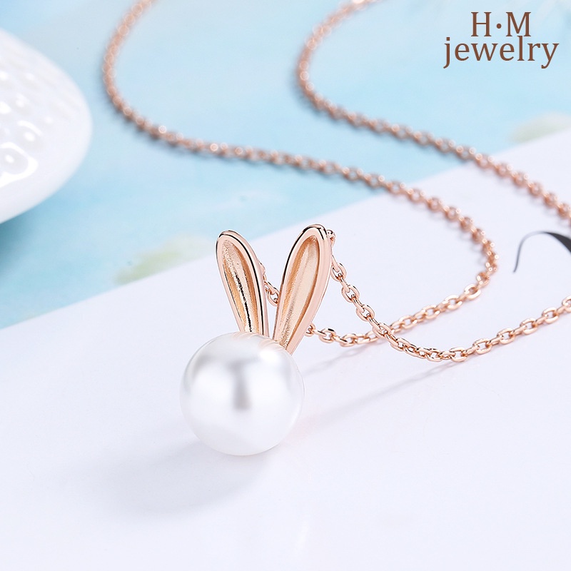 Kalung Mutiara Air Tawar Pendek Bentuk Telinga Kelinci Bahan S925 Silver