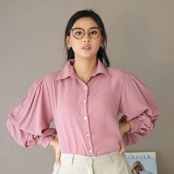 BLOUSE KEMEJA AUDREY ATASAN WANITA LENGAN BALON FULL KANCING