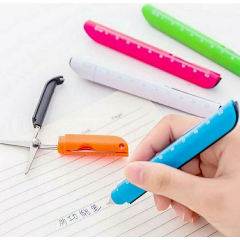 Pena Portable 4 in 1 Pena Sakti Serbaguna Bulpen Gunting Cutter Penggaris Pulpen Multifungsi