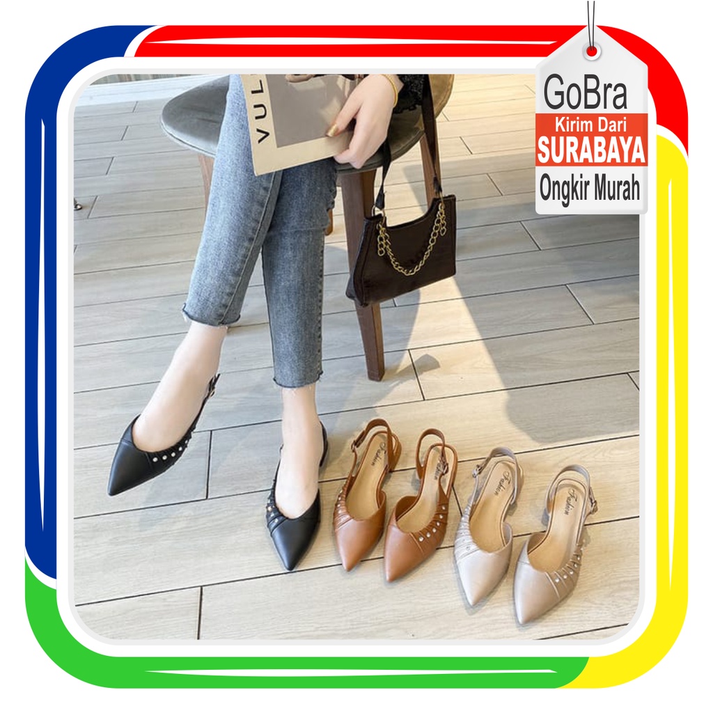 Gobra ♕ SA013 Sandal Wanita Lancip Tali Belakang Kasual Santai Jalan Jalan Import Murah