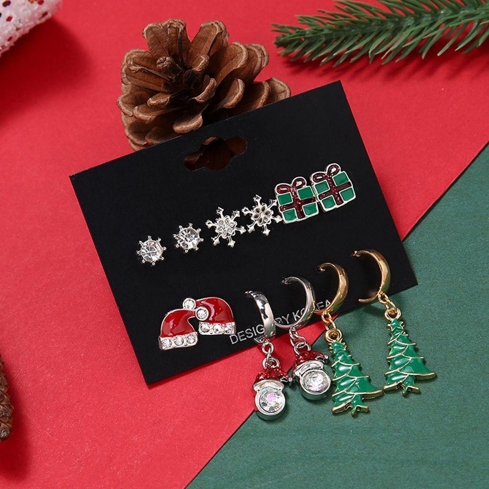 Mxbeauty Anting Natal Set Kepribadian Lucu Paduan Elk Gingerbread Man Pohon Natal Snowman C Shape Earrings Gaya Korea Earrings