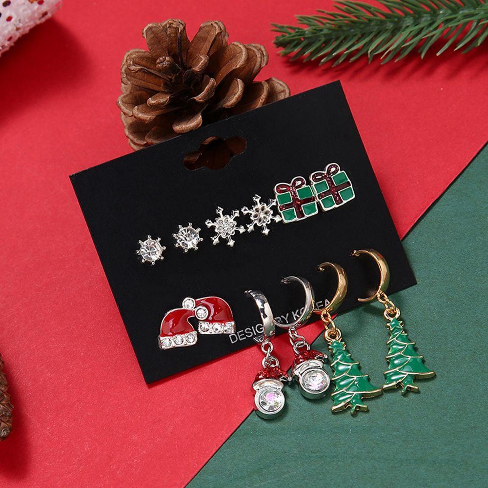 Mxbeauty Anting Natal Set Kepribadian Lucu Paduan Elk Gingerbread Man Pohon Natal Snowman C Shape Earrings Gaya Korea Earrings