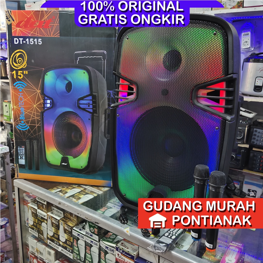 Speaker Bluethoot DAT 15&quot; PENUH WARNA LED BERGERAK Bonus 2 Mic Wireless ukuran 15inch Troly DT 1515 COLOR FULL