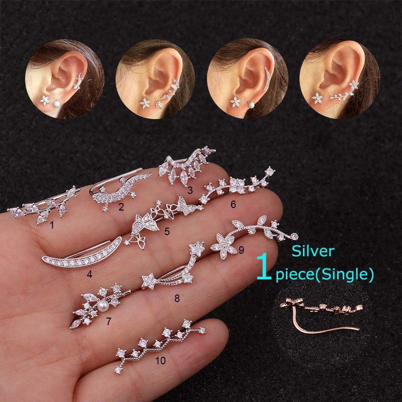 1piece Copper Zircon Ear Cartilage Tragus Lobe Piercing Crawlers Flower Leaf Gecko Earring