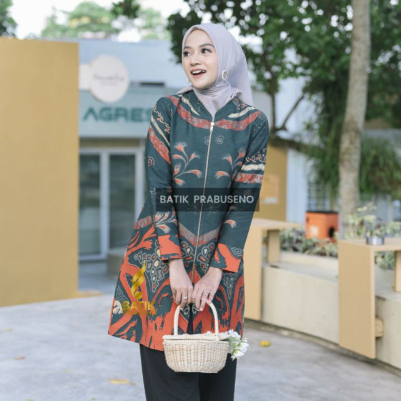 TUNIK MOTIF SORAYA Batik Prabuseno Premium 100% ORI Bahan Katun Printing Lapis Trikot Zipper Depan  