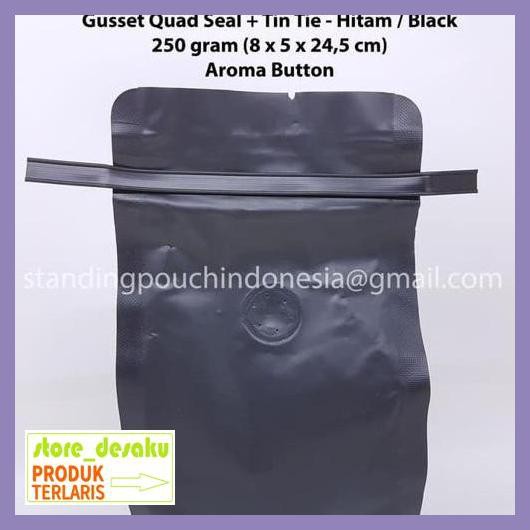 

57Ryr68- Kemasan Kopi Gusset Quad Seal 250 G (Tin Tie + Valve) Hitam *Premium* 4E57Edu-