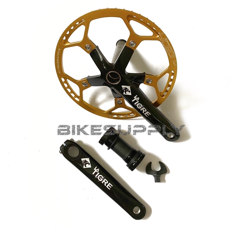 Crankset Sepeda 53T + BB HT2 Hollowtech 2 (Crank Arm Merk La Tigre Hitam - Chainring Litepro Emas Go
