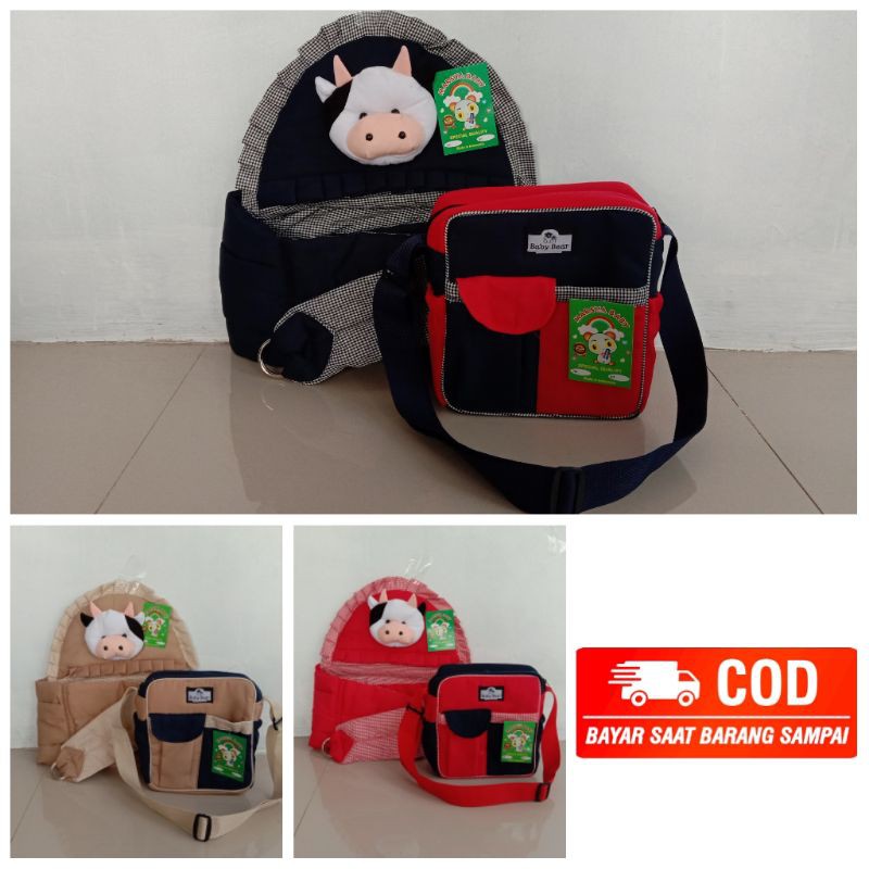 Paket Hemat ( 2 in 1 ) Tas Bayi Dan Samping Bayi Topi Boneka Sapi Terbaru